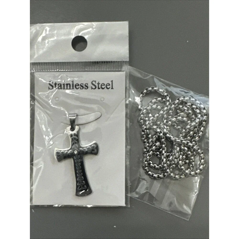 Cross Pendant Silver Tone Stainless Steel 24 Inch Box Chain Jesus Christ Unisex